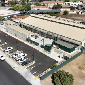 Back view of the Emergency Shelter building with the parking lots on the left side.